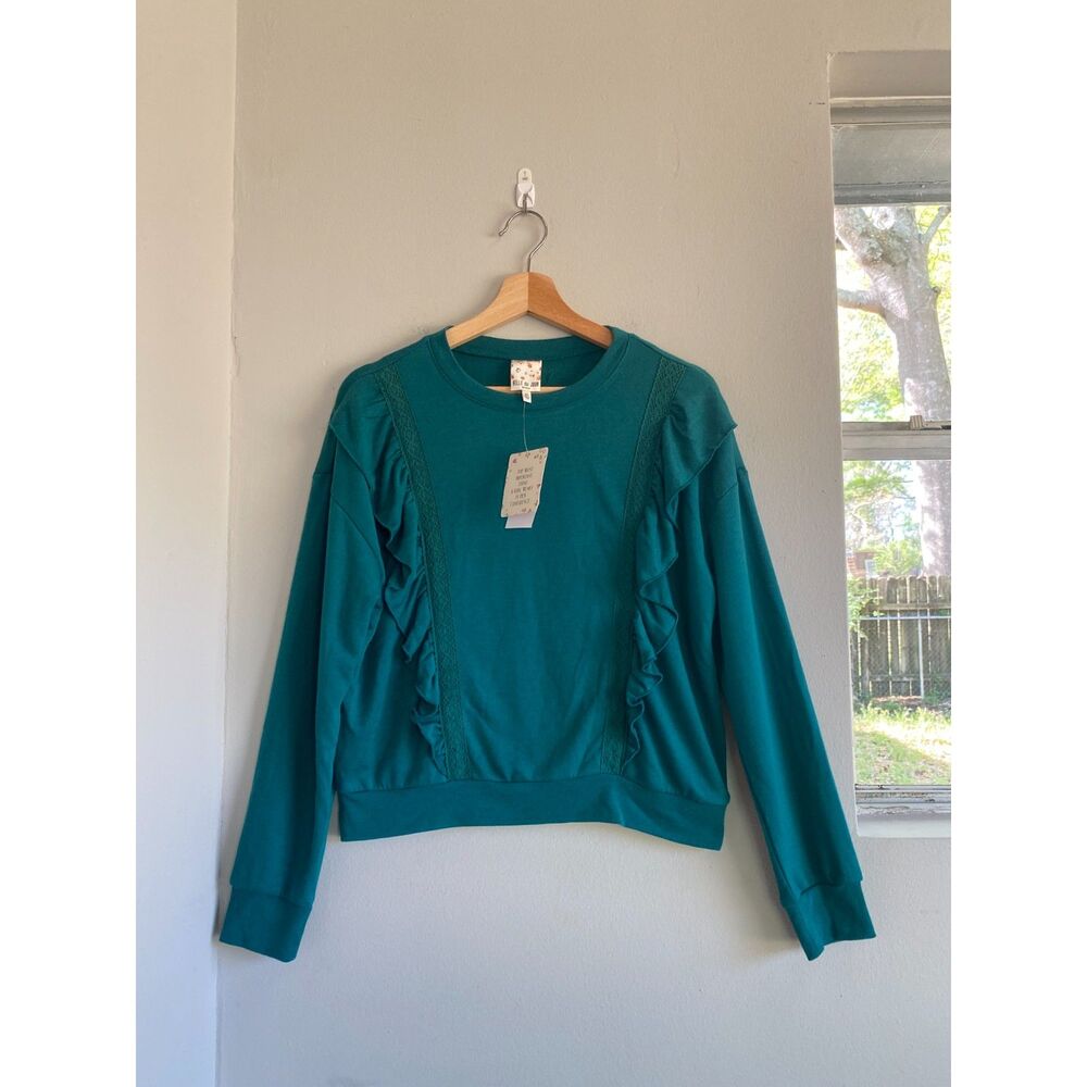 NWT Belle Du Jour Turquoise Crewneck Ruffle Frill Accent Sweatshirt Girl's XL